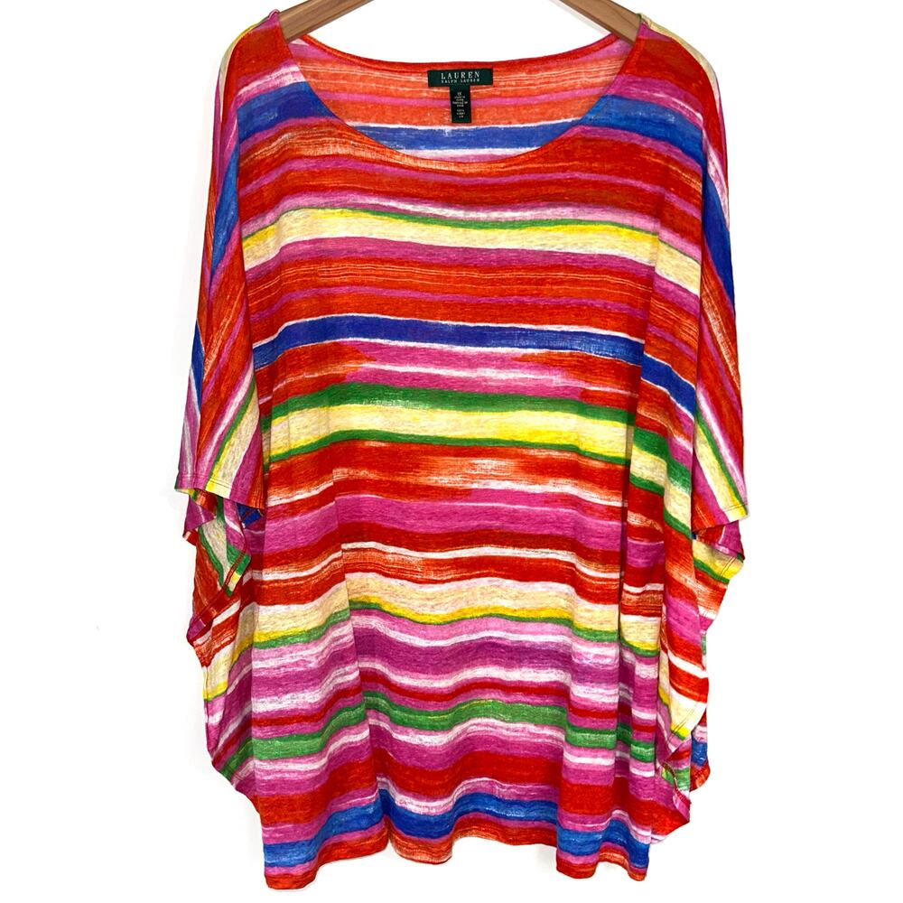 Lauren Ralph Lauren Linen Colorful Striped Poncho Style Top Size 1X